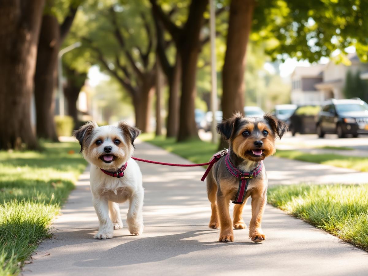 Two small dogs walking down a tree-lined sidewalk
