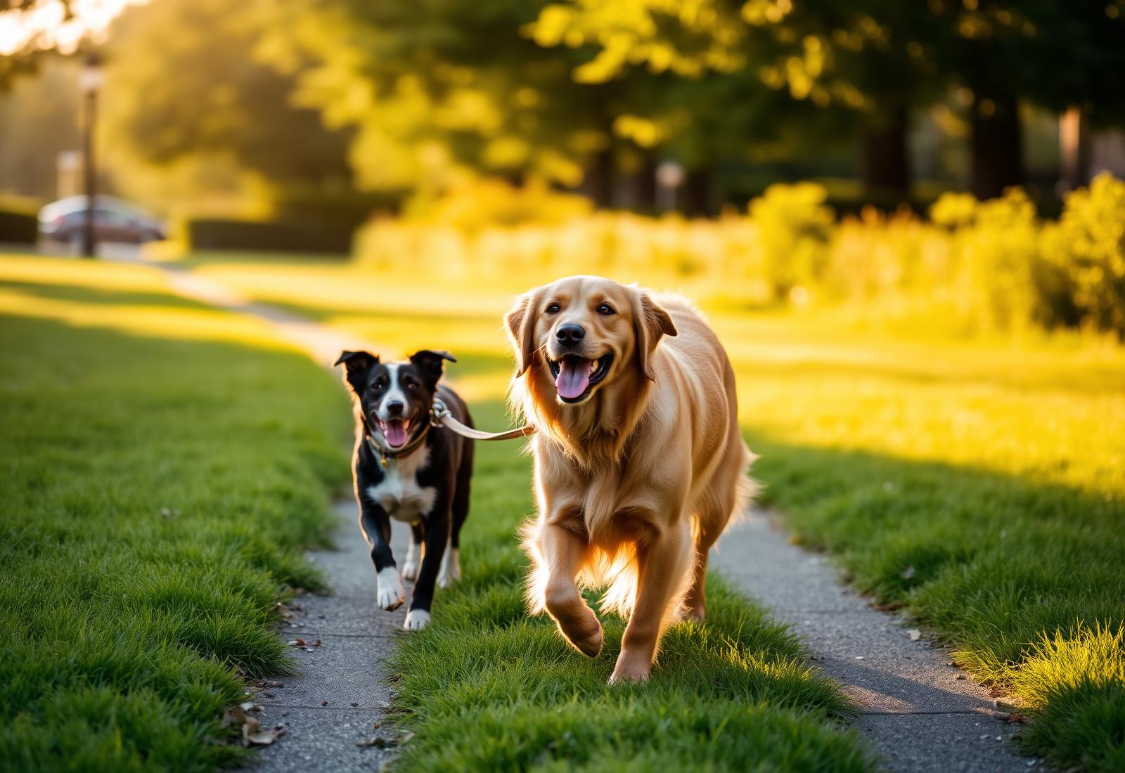 Two happy dogs walking on a sunlit Rockland neighborhood path